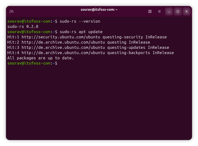 terminal window shows two commands being run, sudo-rs --version (which output the version info for sudo-rs), and sudo-rs apt update (which ran a system update using apt)