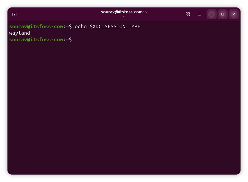 a terminal window on ubuntu 25.10 showing the echo $xdg_session_type (in upper case) command being run
