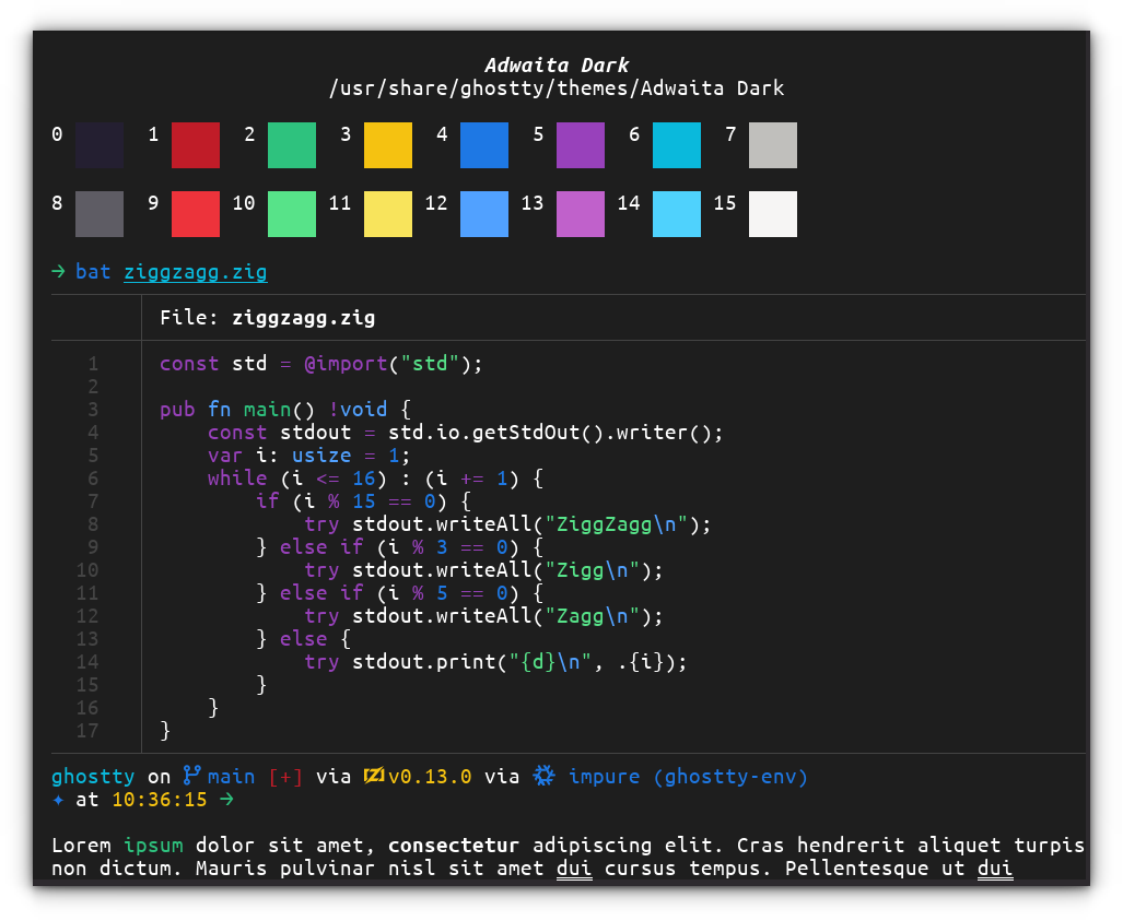 A screenshot of Ghostty with Adwaita Dark. The theme is dsiplayed in the theme preview section of Ghostty.
