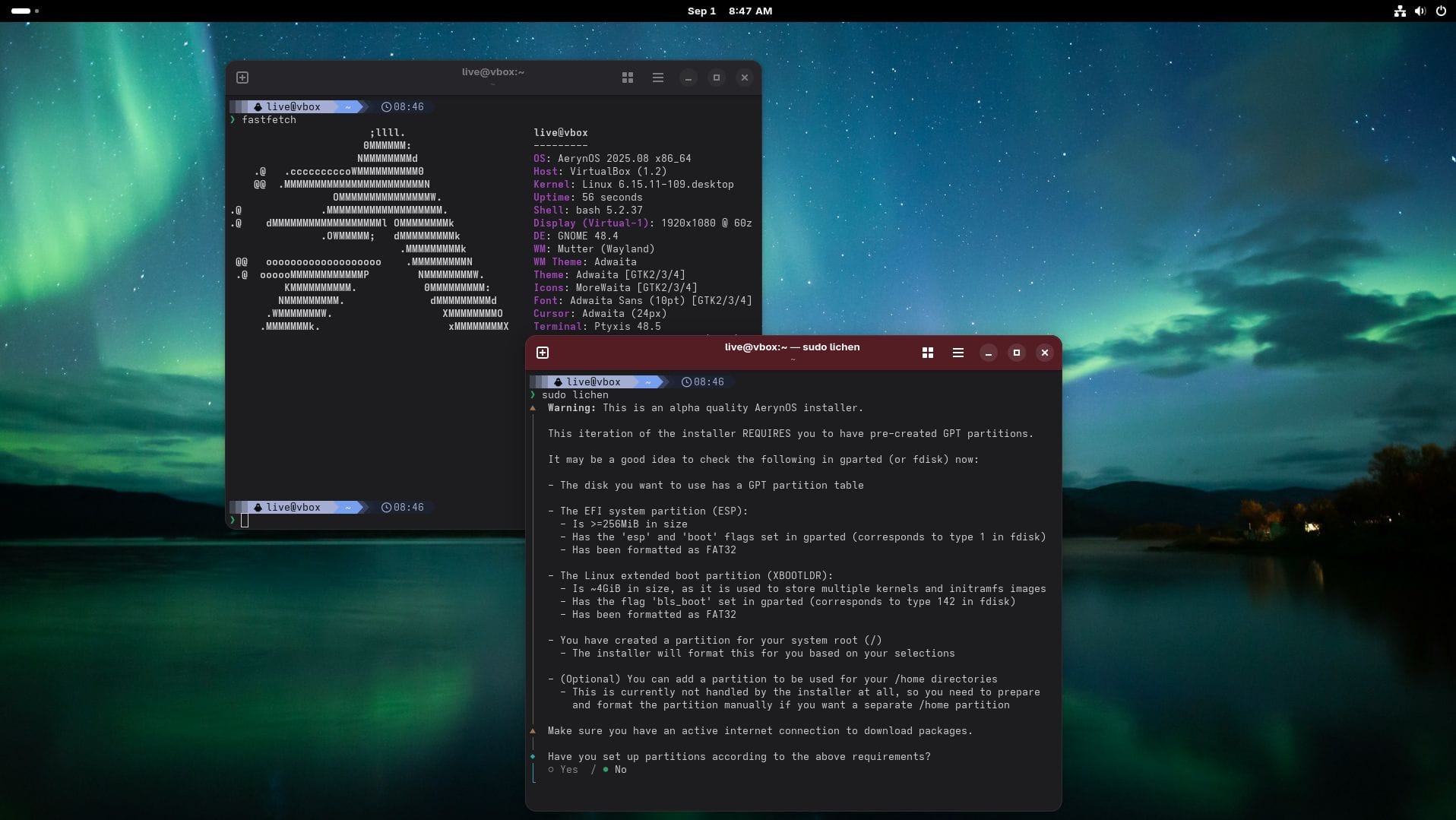 two terminal windows are open on aerynos 2025.08 with one showing fastfetch output, and the other running the lichen installer