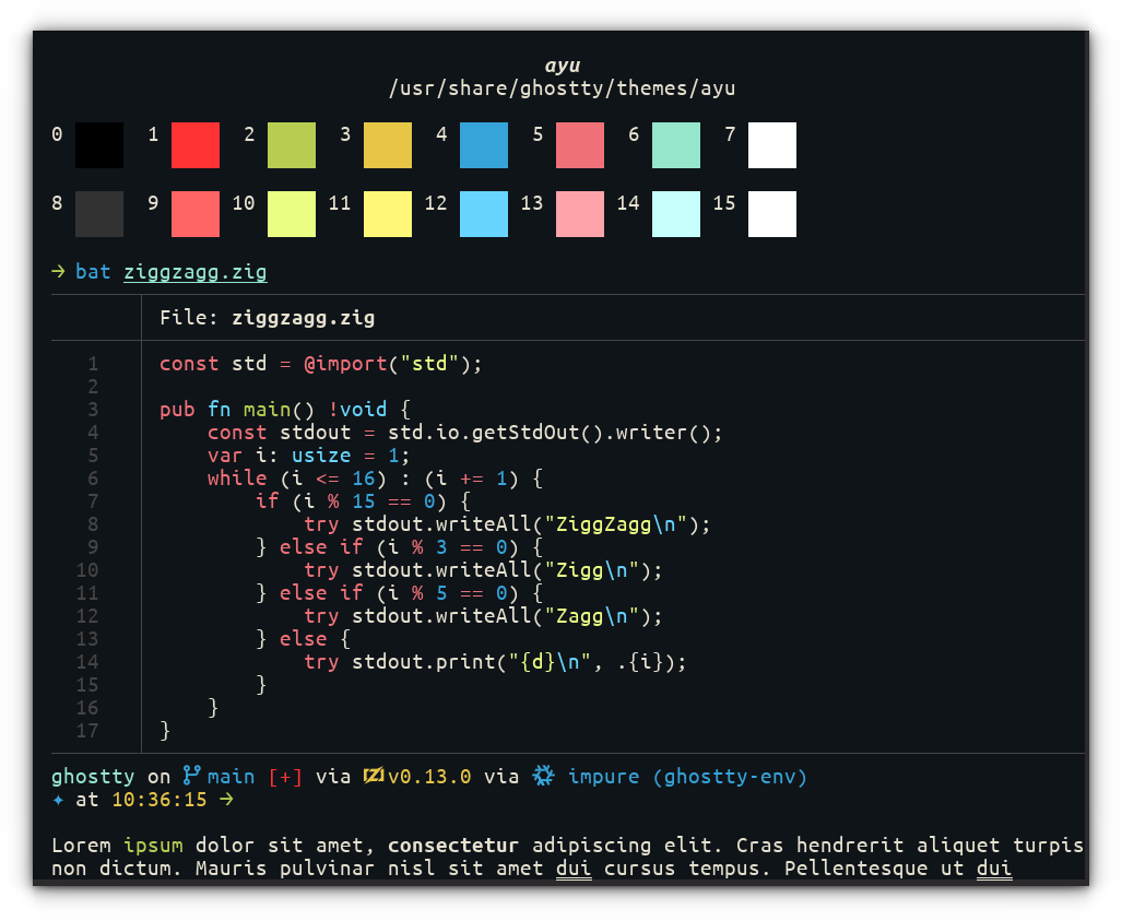 A screenshot of Ghostty with ayu dark. The theme is dsiplayed in the theme preview section of Ghostty.