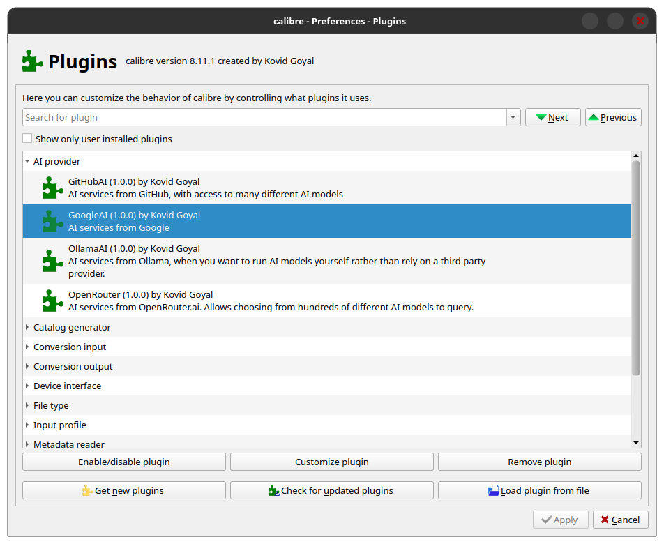 the plugins menu is shown here on calibre 0.8.11.1 with a list of ai provider plugins
