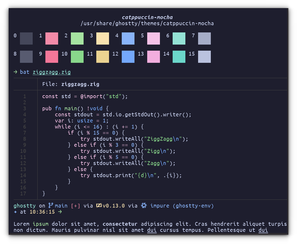 A screenshot of Ghostty with Catppuccin Mocha. The theme is dsiplayed in the theme preview section of Ghostty.