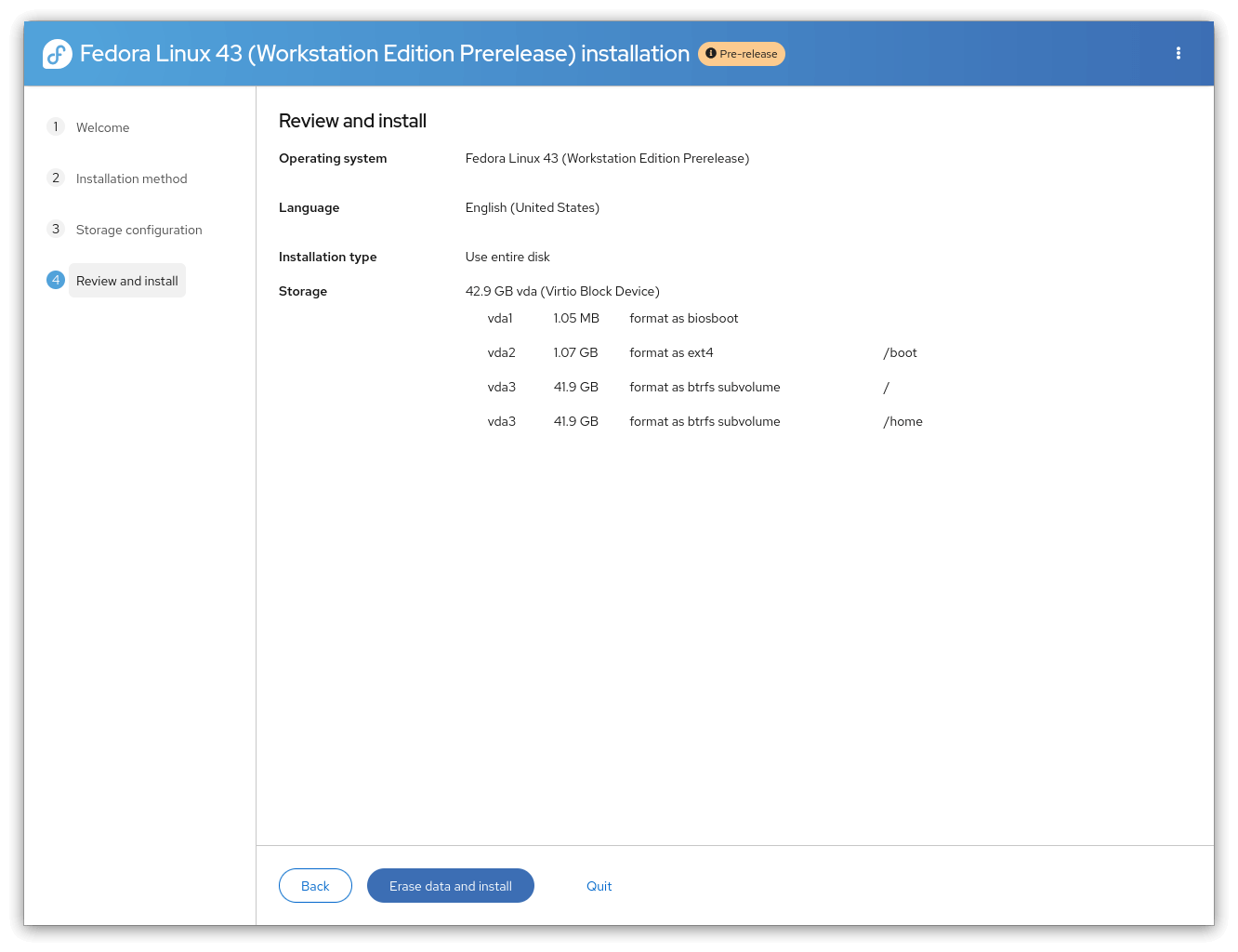 just a placeholder image that shows the anaconda installer on a pre-release version of fedora 43 workstation