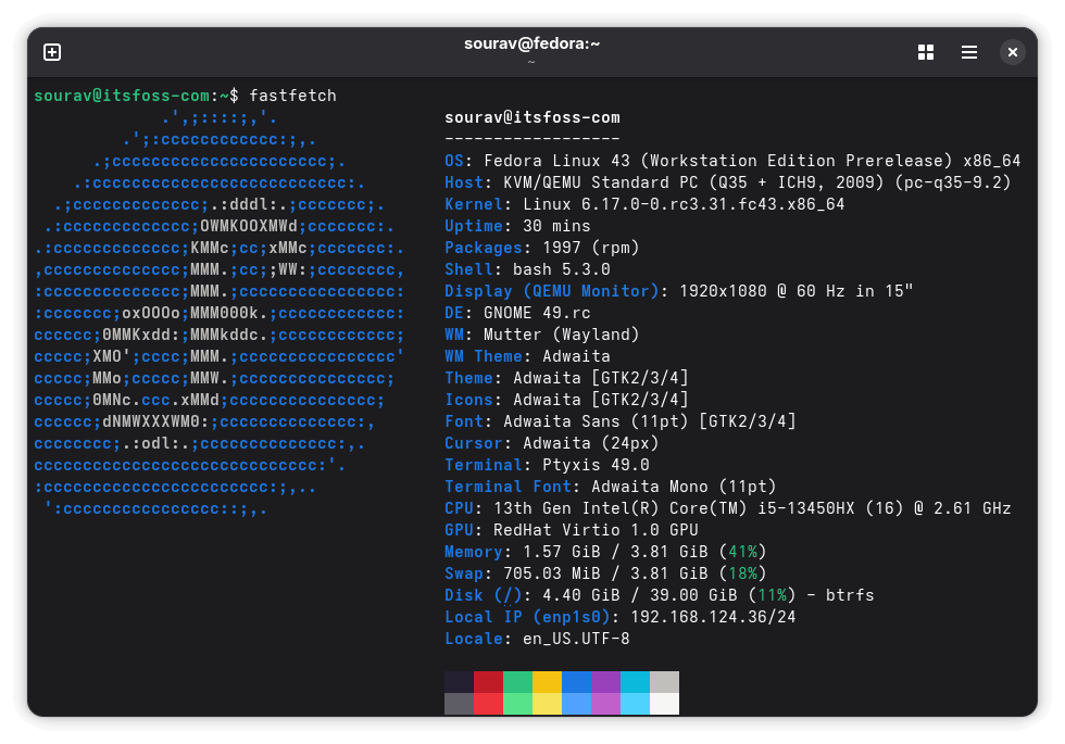 this screenshot shows a terminal window with a fastfetch output being shown