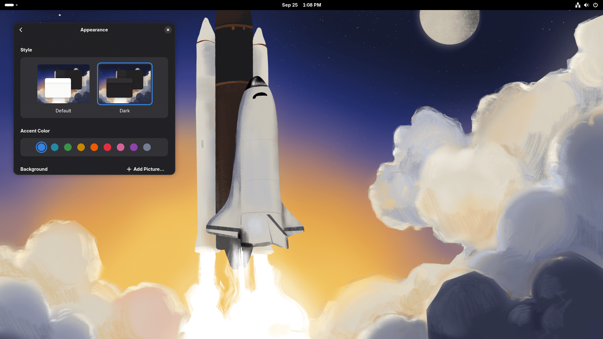 the new default wallpaper for fedora 43 is shown here, it is a spaceship taking off during the night, with plumes of smoke and clouds around, and the moon being visible on the top right