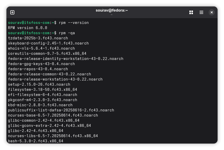 this terminal window shows two commands being run, first is rpm --version, with the output being: rpm version 6.0.0, and the other command is rpm -qa, whose output is a list of installed rpm packages on a fedora 43 system