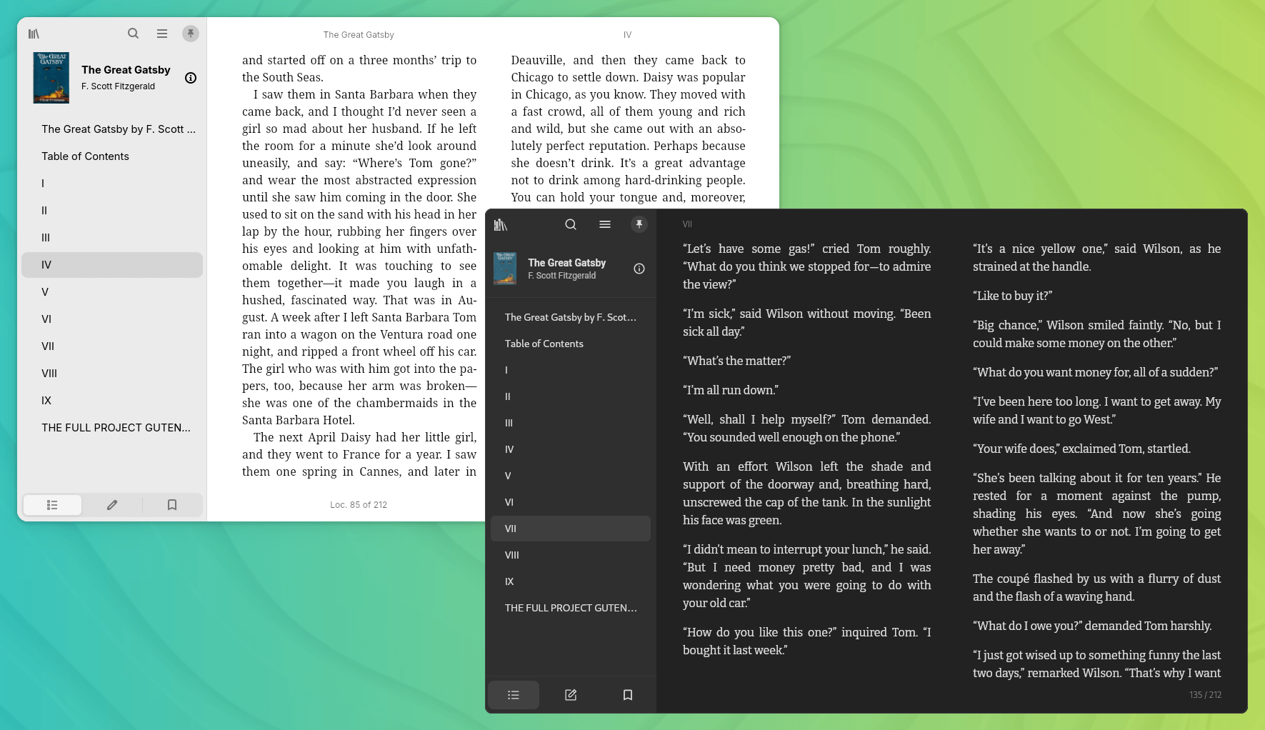 two screenshot of foliate and readest and arranged diagonally against a mixed blue/green background, both of the same book, "the great gatsby" open