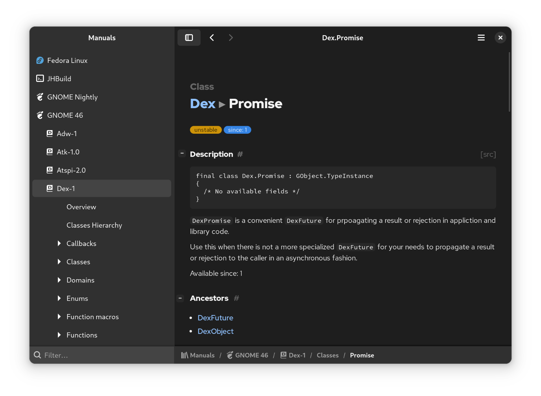 a screenshot of the gnome manuals app with many documentation files in it, one of them titled "promise" is shown here