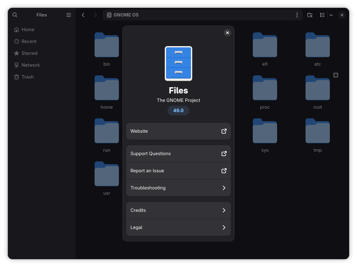 the about dialog is shown for nautilus (files) on a gnome 49 system, the background shows many folders located inside root