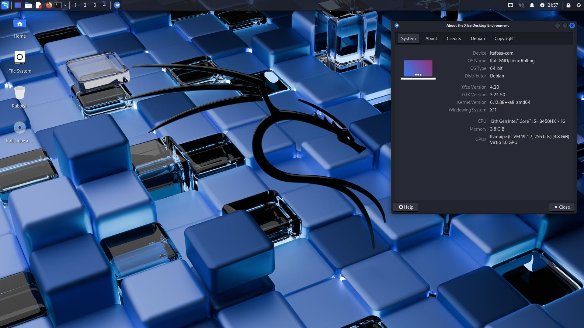 a desktop view screenshot of the kali linux 2025.3 release with the about xfce dialog open