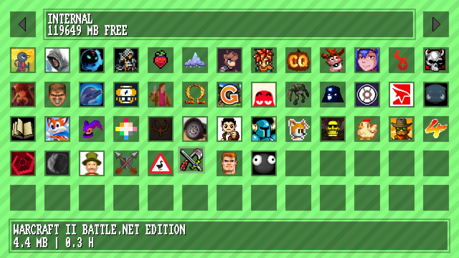 the picture shows a green colored interface with many games added to the kazeta library with their icon being visible