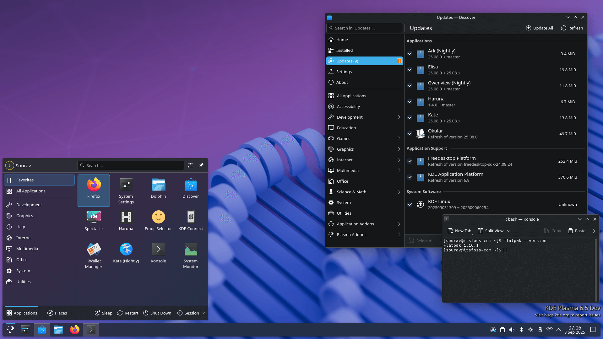 the application launcher is open on the left, showing some pinned favorite apps like firefox, system settings, dolphin, discover, spectacle, haruna, emoji selector, kde connect, kwallet manager, kate (nightly), konsole, and sytem monitor, on the right the discover app and the konsole app (with flatpak version info) are shown