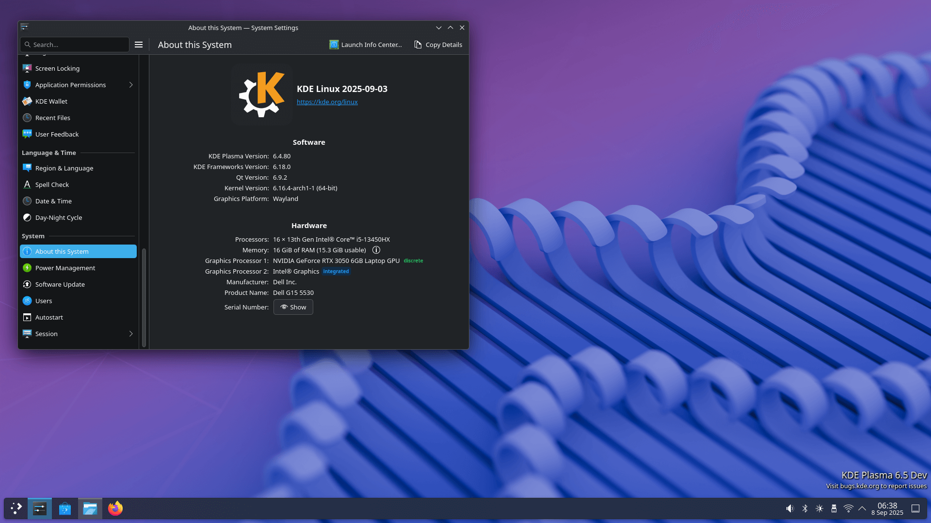 a screenshot that shows the about this system page open on an alpha build of kde linux running kde plasma 6.5 development build