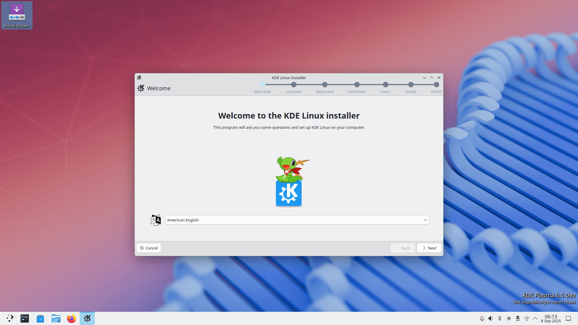 the installer for kde linux being shown in the center on a live environment