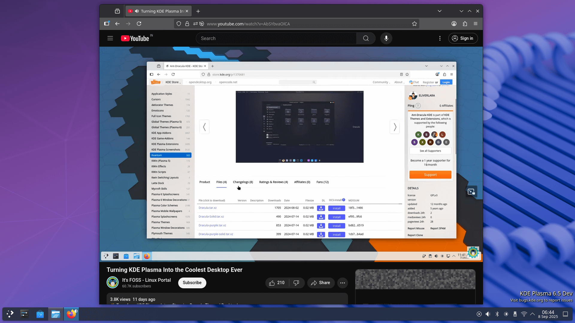 a video titled "turning kde plasma into the coolest desktop ever" is being played on firefox on it's foss' youtube channel