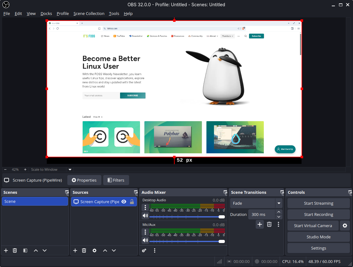 obs studio 32.0 being used to capture a web browser with the it's foss homepage open