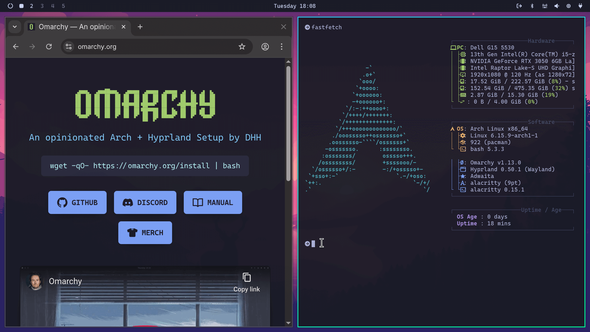 the omarchy website is open on the left, the fastfetch output for it is on the right, all of this is in a hyprland environment