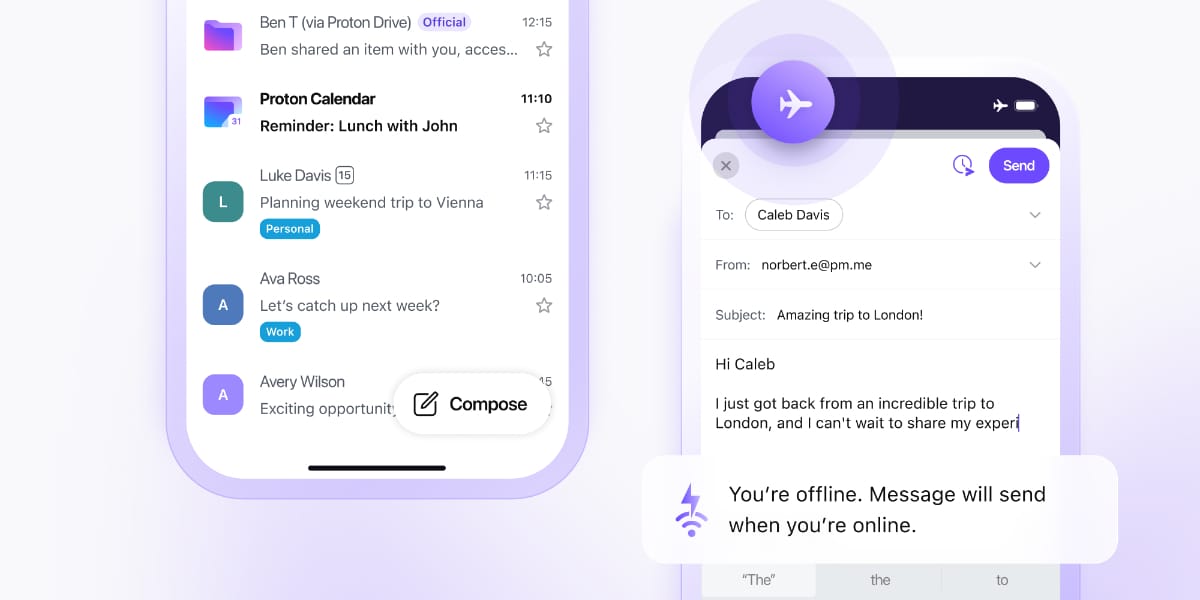 there are two screenshots of the revamped mobile app for proton mail that show the new user interface and the offline functionality in action