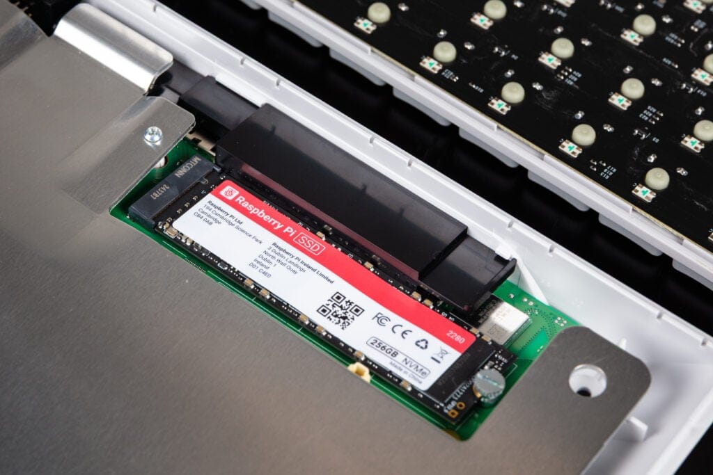 a photo that shows the additional m.2 slot on the raspberry pi 500 plus