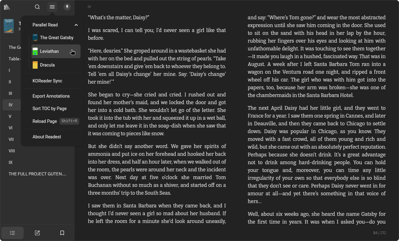 the parallel read feature is being shown here with two books, the great gatsby and leviathan