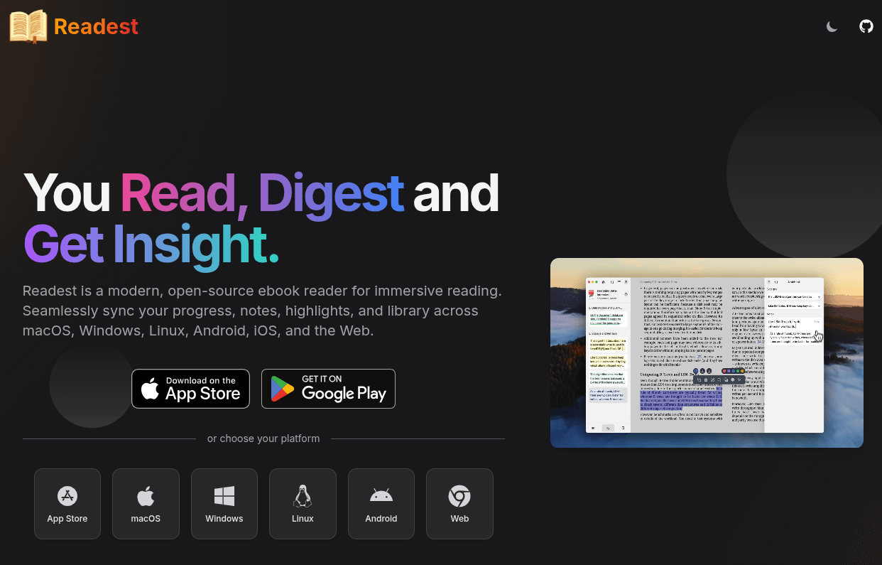 a clipped picture of readest's official website, there's a lot of text in it and a screenshot on the right