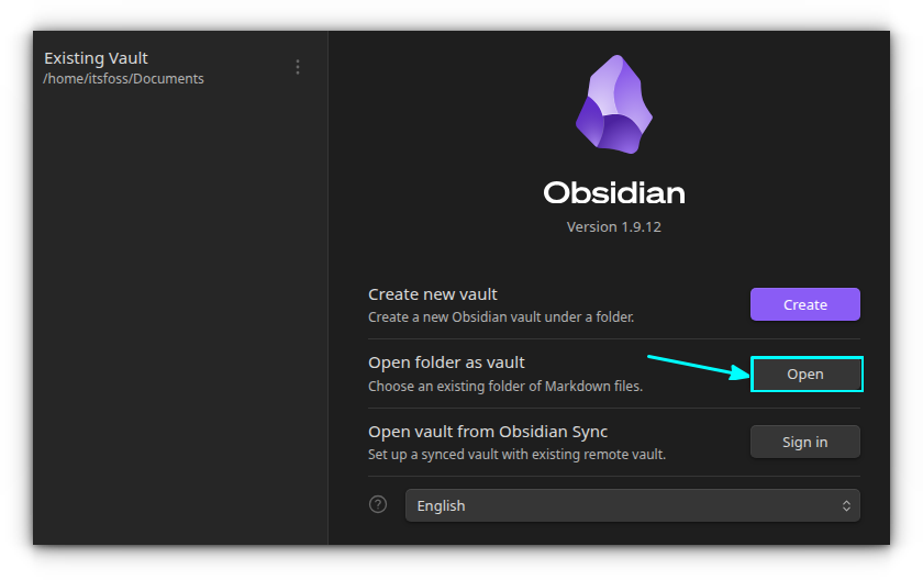 Click on open button adjacent to "Open folder as vault" option.