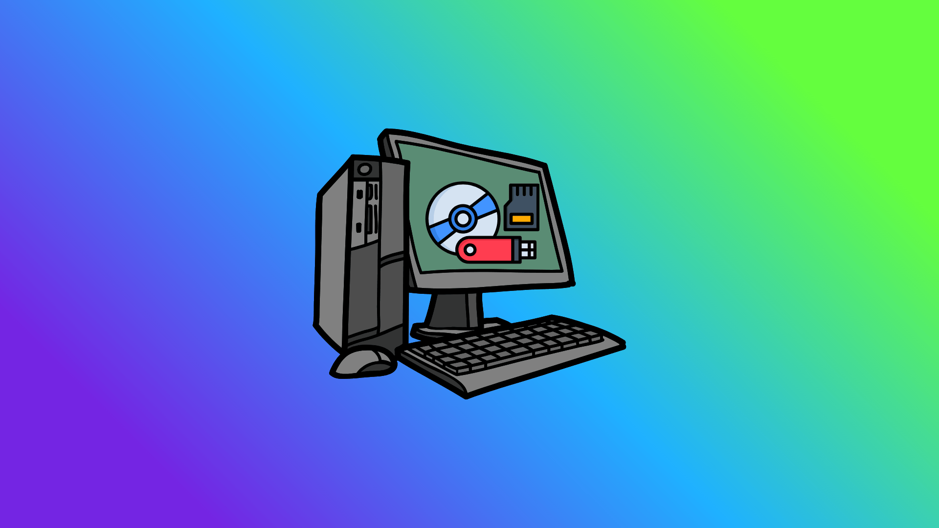 a multicolored banner with a desktop in the middle, it has some storage devices on display in its monitor