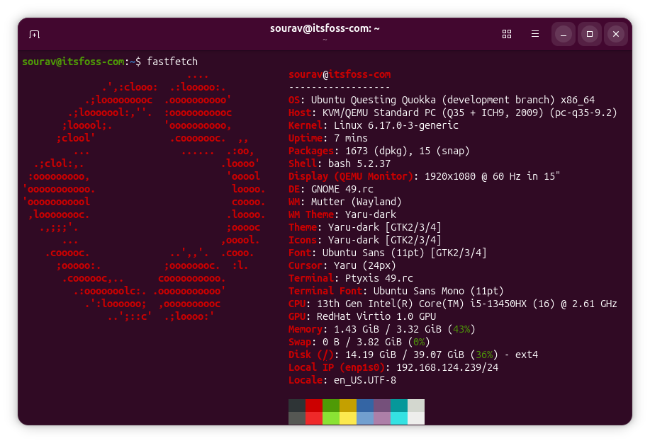 a terminal window is showing the fastfetch output for a development build of ubuntu 25.10