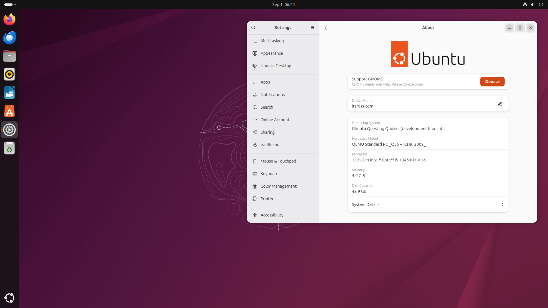 the about dialog on ubuntu 25.10 is shown, with the new donate button for gnome being visible