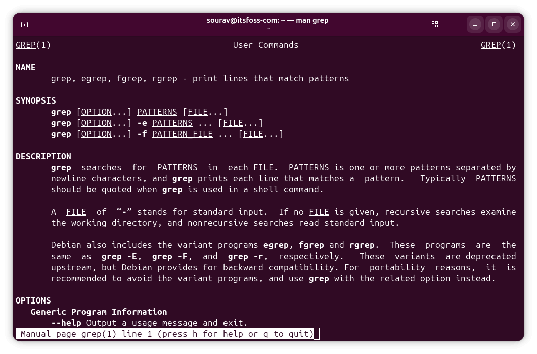 the man grep command output is shown in ptyxis, where there is a bunch of text explaining what grep does