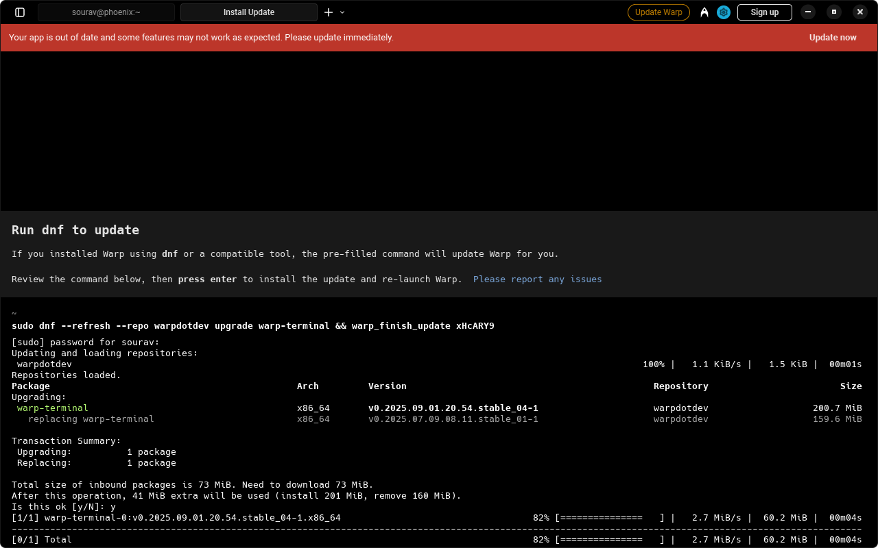 a red colored update banner is shown on warp, with an upgrade process ongoing in the terminal window below