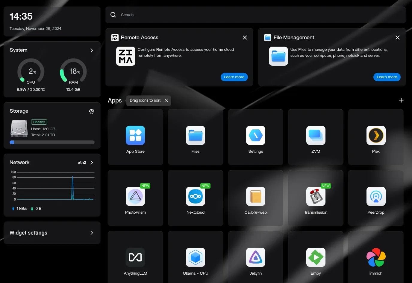 a screenshot of zimaos running on a zimacube device