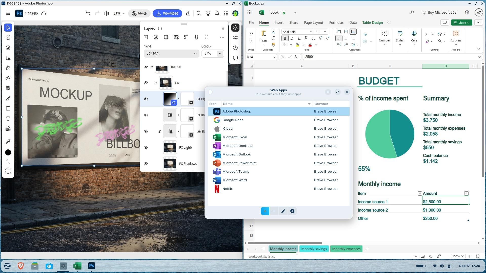 the web apps tool in action on zorin os 18 beta, with it being used to create apps for adobe photoshop and microsoft excel
