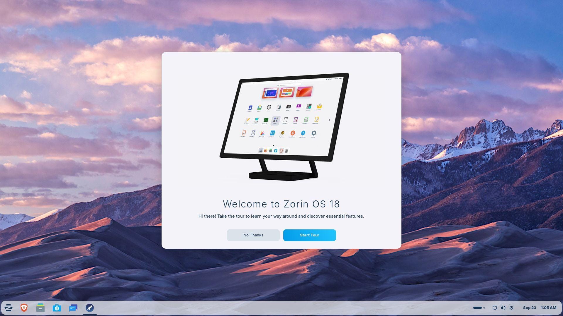 the welcome dialog is being shown on a zorin os 18 beta build with a icy mountain wallpaper in the background