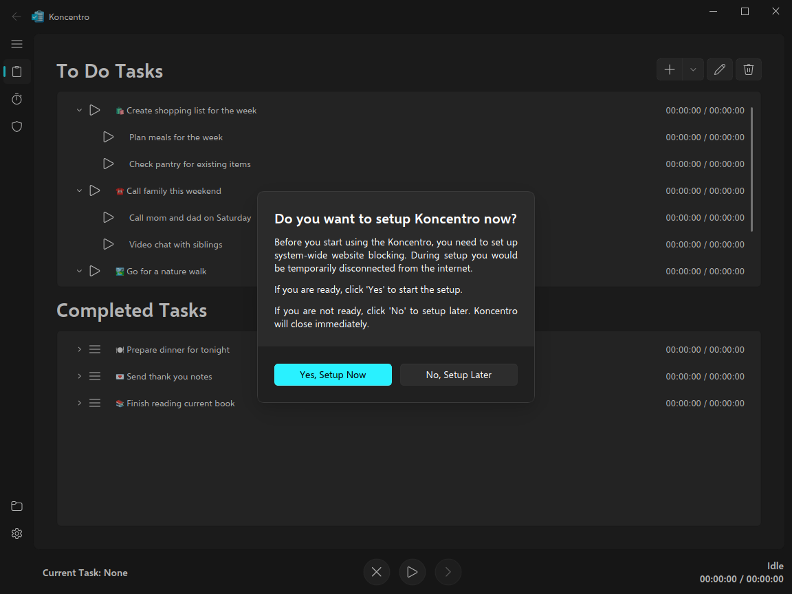 The first of two setup dialogs in Koncentro