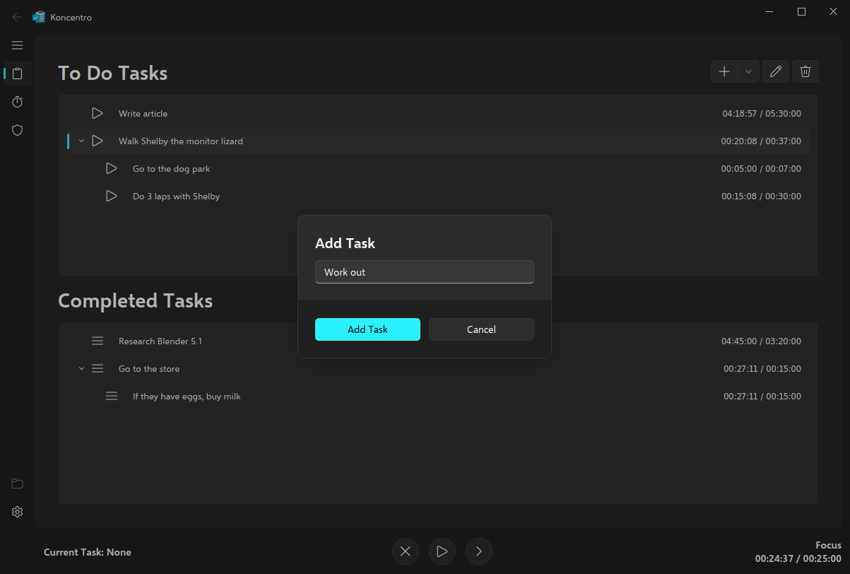 Adding a task in Koncentro