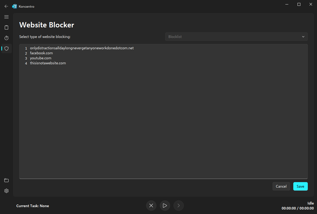 Editing the blocklist in Koncentro