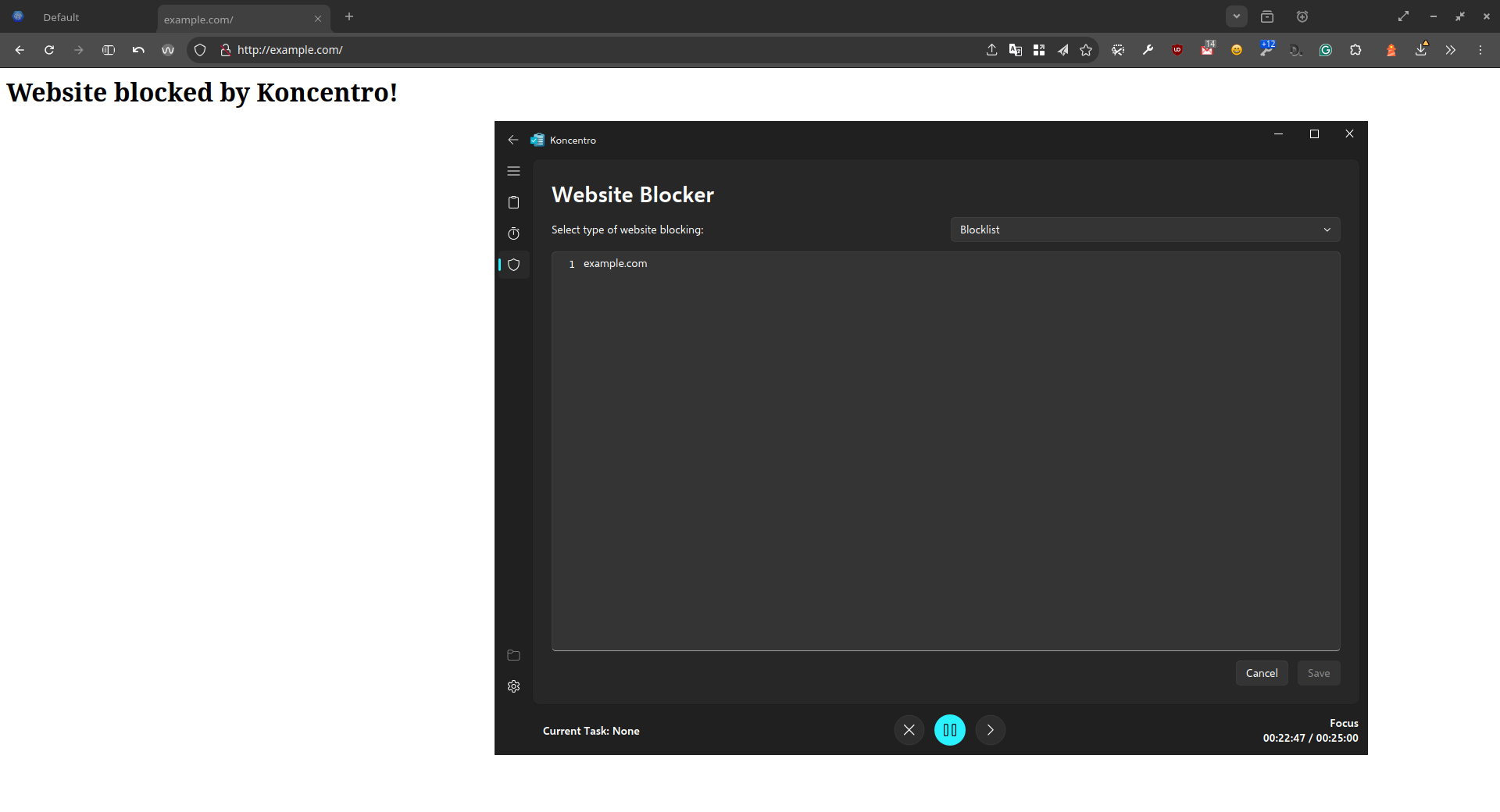 Website blocking with Koncentro is simple and straightforward