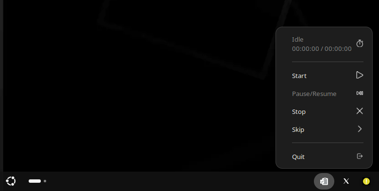 The Koncentro indicator menu in the Gnome Desktop on Ubuntu with Dash-To-Panel enabled
