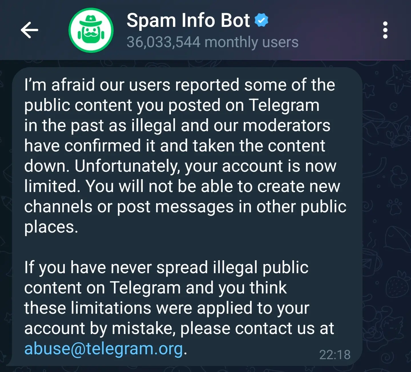 a telegram chat that shows a message from spam info bot regarding user reported content