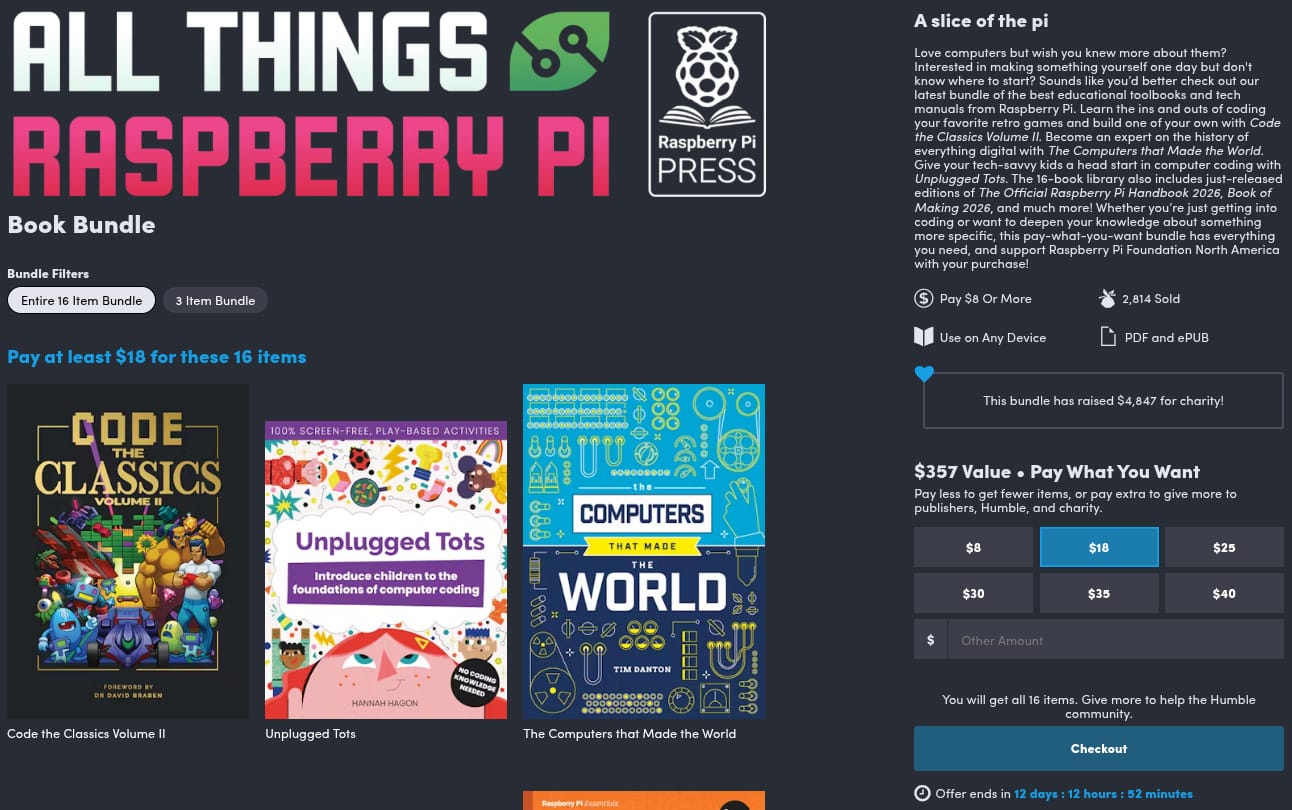 the all things raspberry pi humble bundle webpage is shown here, with some key details on the bundle being shown towards the right side of the picture, with info on the bundle, the pricing tiers, and the checkout button