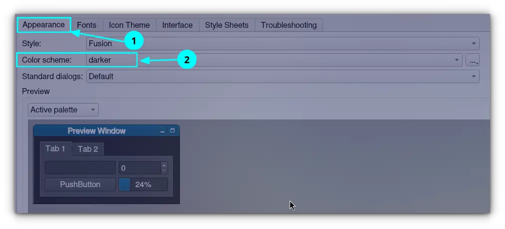 Apply the darker theme in Qt5ct app Appearance tab.