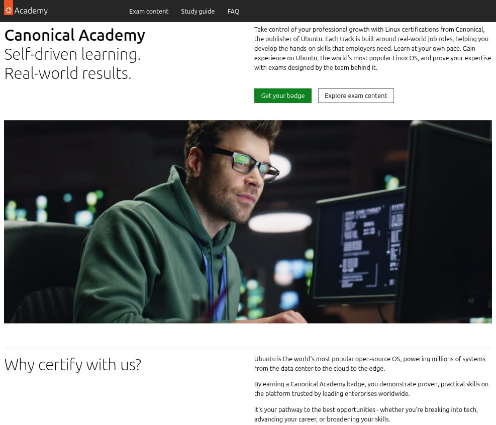 this is a snip from the official homepage for canonical academy, it features a lot of text, some header menu elements and a wide image in the middle that shows a man working on a workstation with multiple monitors connected, he is wearing a green hoodie, spectacles, and an id card with a blue ribbon thingy