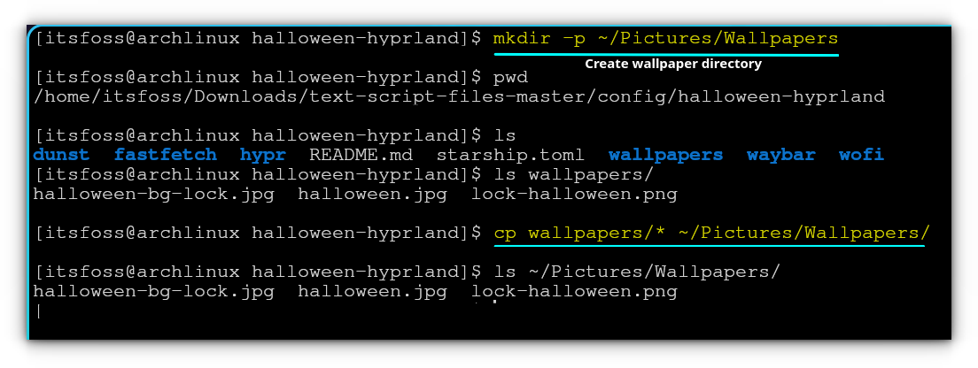 A screenshot showing wallpaper copying procedure in a terminal.