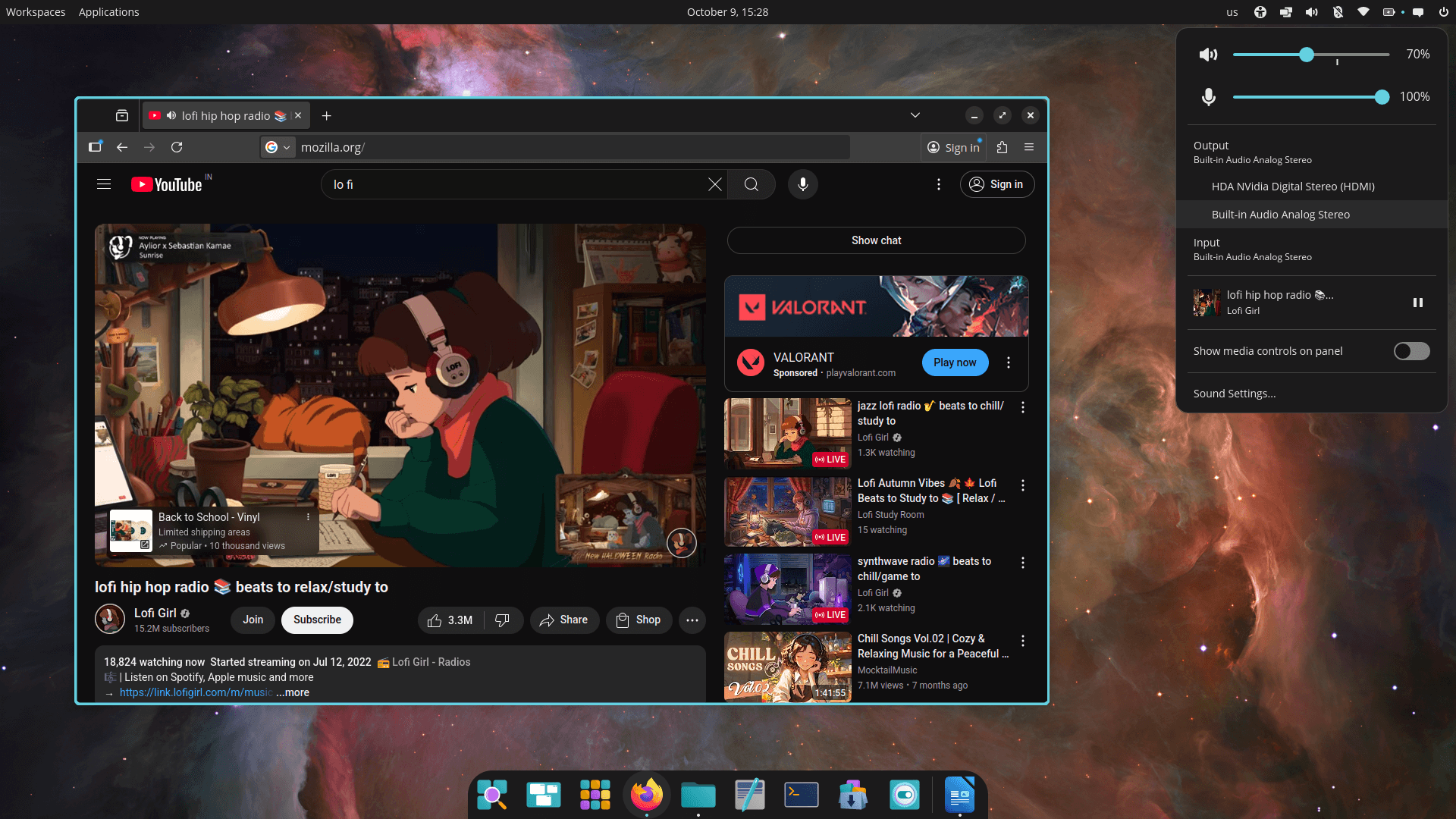 firefox is shown playing a youtube live stream titled, "lofi hip hop radio" on the left, the desktop interface is in the background, and on the top right, the audio quick settings are open with volume controls and current media playback information