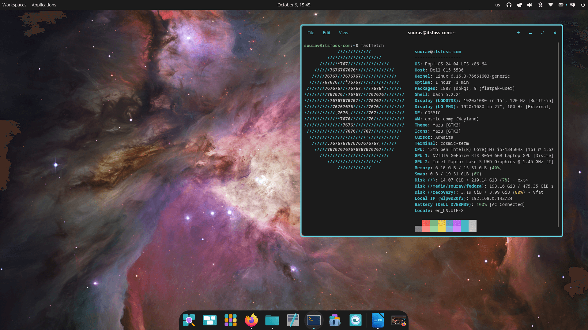 a screenshot that shows the desktop view of cosmic beta on a pop!_os 24.04 lts beta system with its fastfetch output visibile