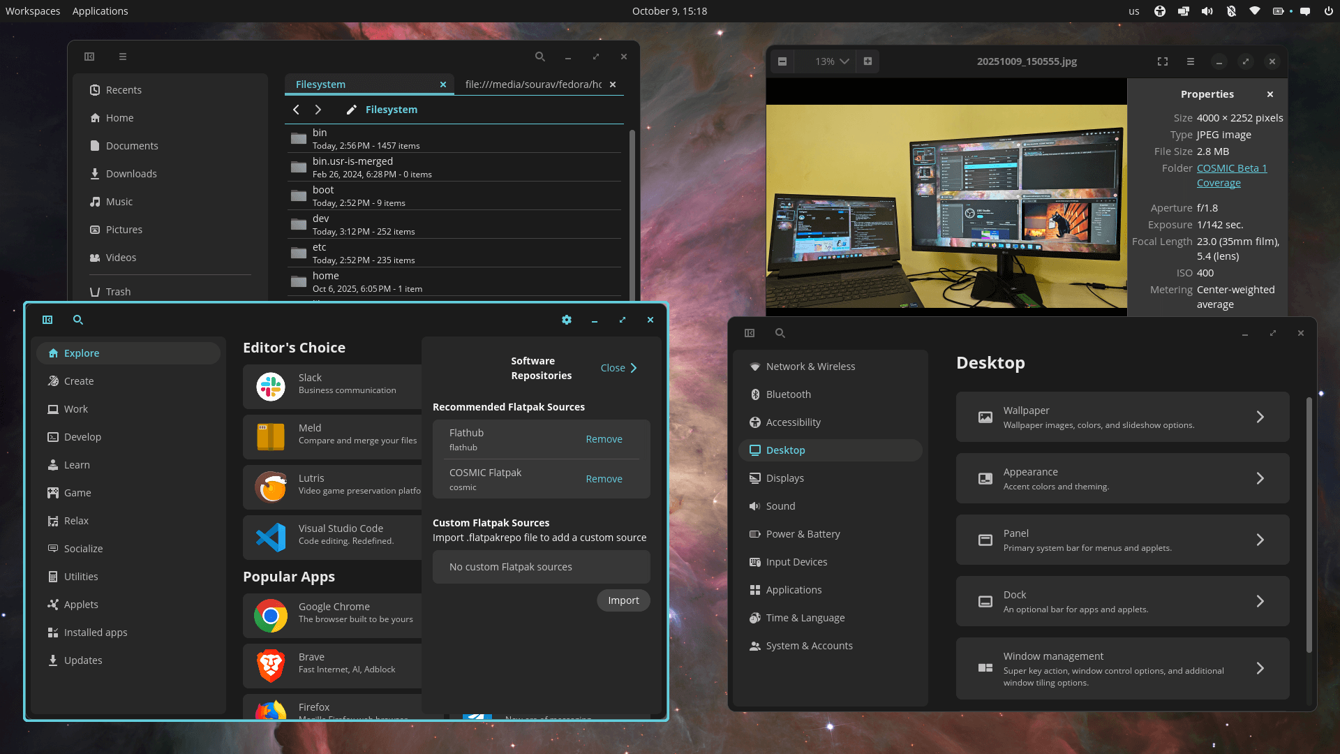 this is a desktop view of cosmic beta with four cosmic apps open, they are files, store, image viewer, settings