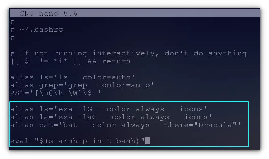 Edit bashrc file and add lines