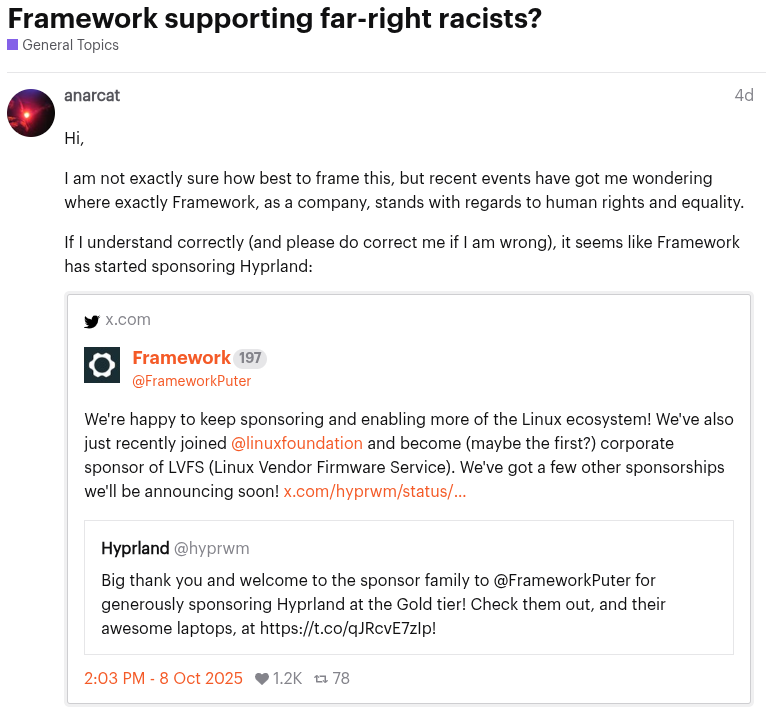 a post on framework's discourse forum that is titled, "framework supporting far-right racists?"